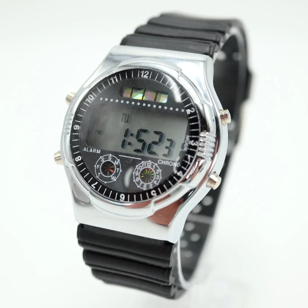 Vintage Digital Sports Watch 39mm Alarm Chrono Silver Black Strap w New Battery